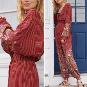Anthropologie Breezy Floral Open-Back Rust Red Long Sleeve Jumpsuit